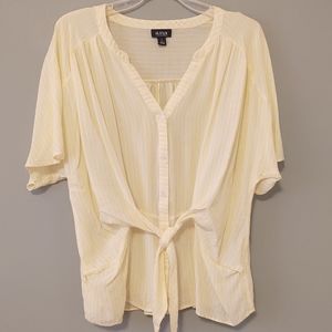 ANA Yellow White Stripe Button Up Tie Front Short Sleeve Blouse Top Size Large